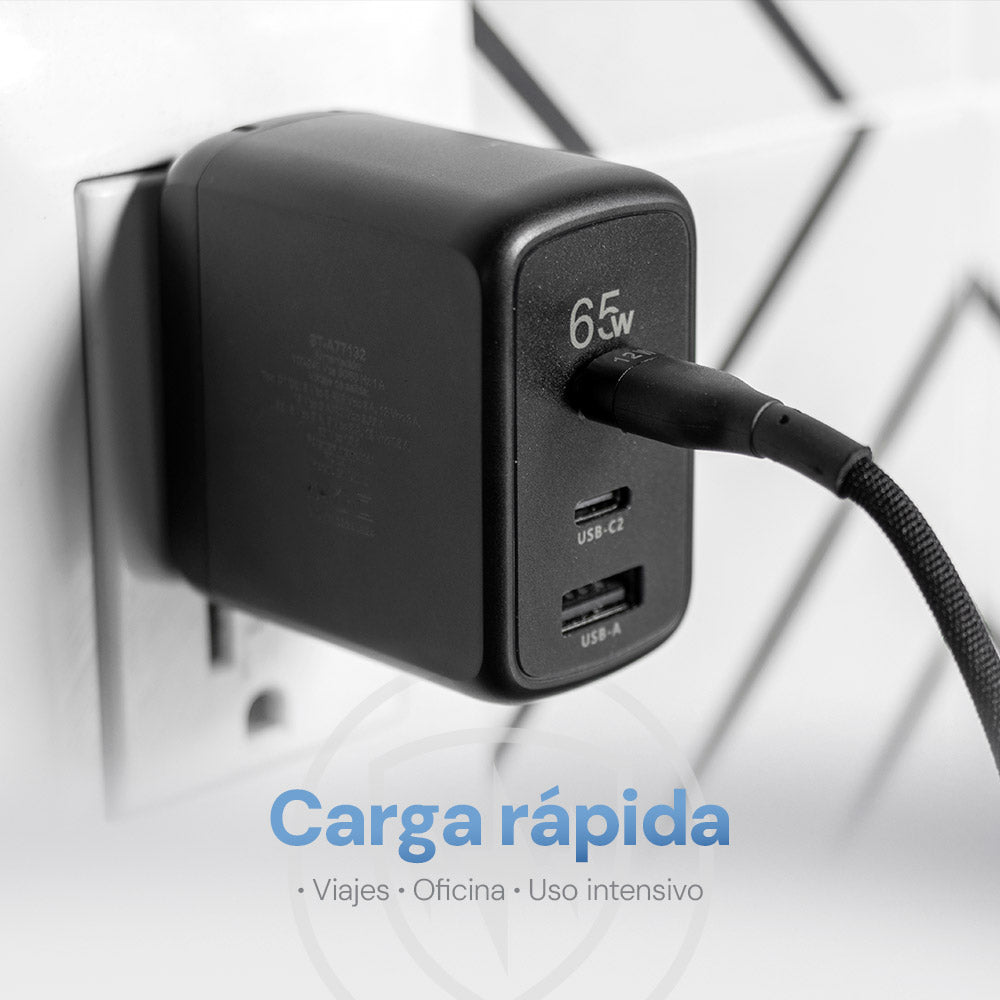 Cargador Pared STF GaN 65W 3 Salidas Tipo C Dual + USB Carga Ultra Rápida