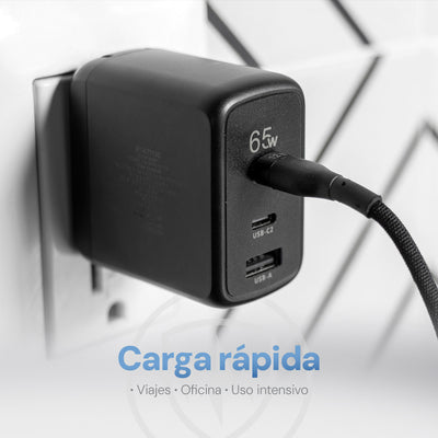 Cargador Pared STF GaN 65W 3 Salidas Tipo C Dual + USB Carga Ultra Rápida