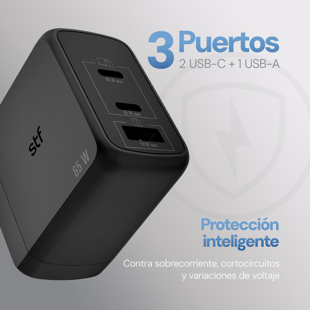 Cargador Pared STF GaN 65W 3 Salidas Tipo C Dual + USB Carga Ultra Rápida