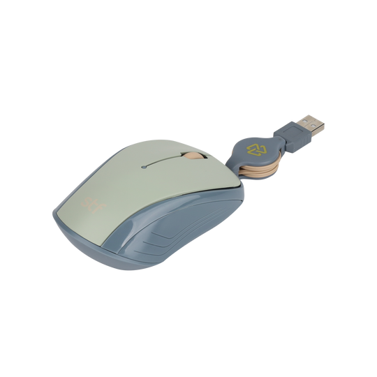 Mouse Alámbrico Retráctil VIVA: 1600 DPI, Ergonómico, USB, 80cm, Menta Gris