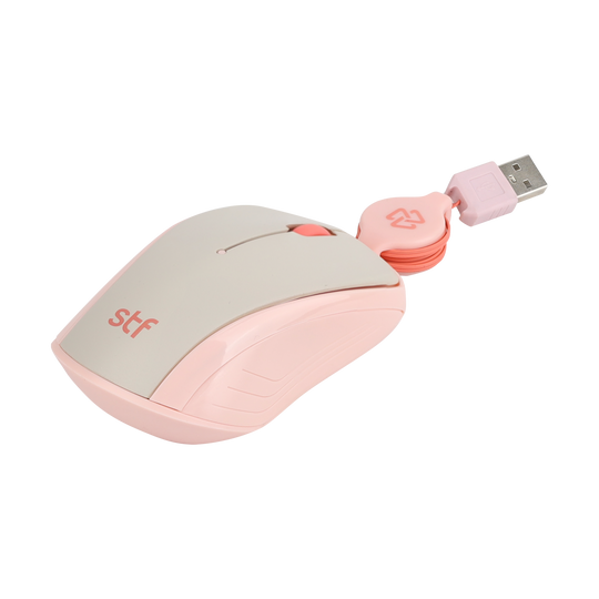 Mouse Alámbrico Retráctil VIVA: 1600 DPI, Ergonómico, USB, 80cm, Rosa