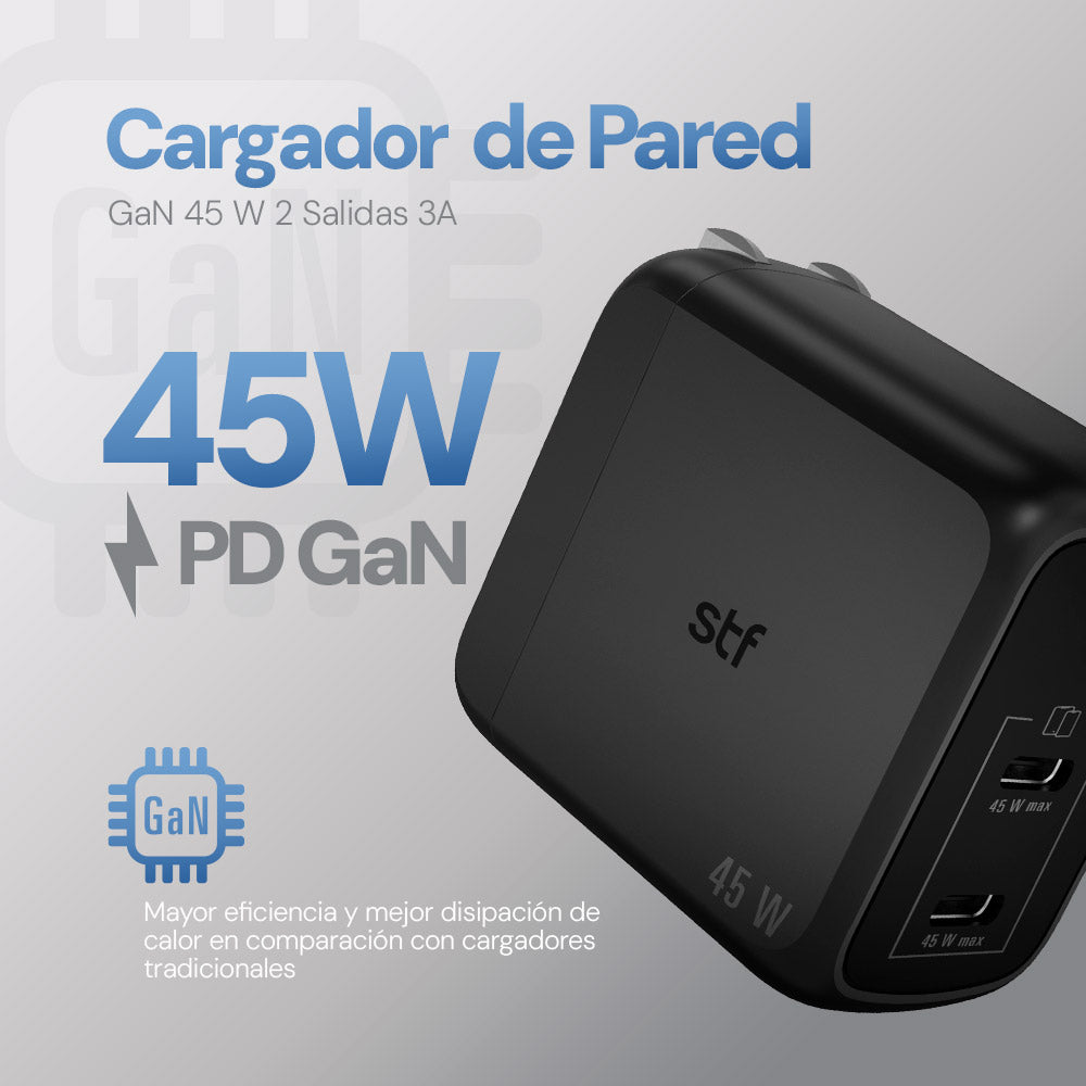 Cargador Pared STF GaN 45W Dual Tipo C Carga Ultra Rápida Enchufe Plegable