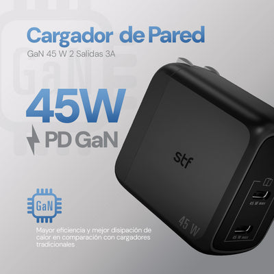 Cargador Pared STF GaN 45W Dual Tipo C Carga Ultra Rápida Enchufe Plegable