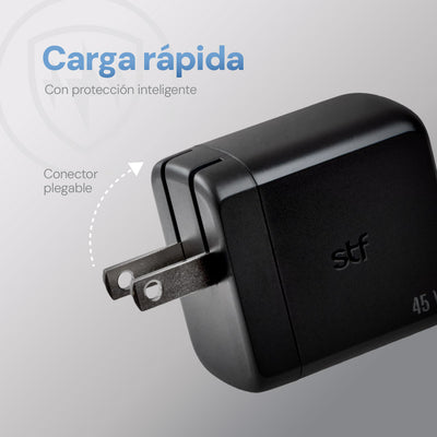 Cargador Pared STF GaN 45W Dual Tipo C Carga Ultra Rápida Enchufe Plegable