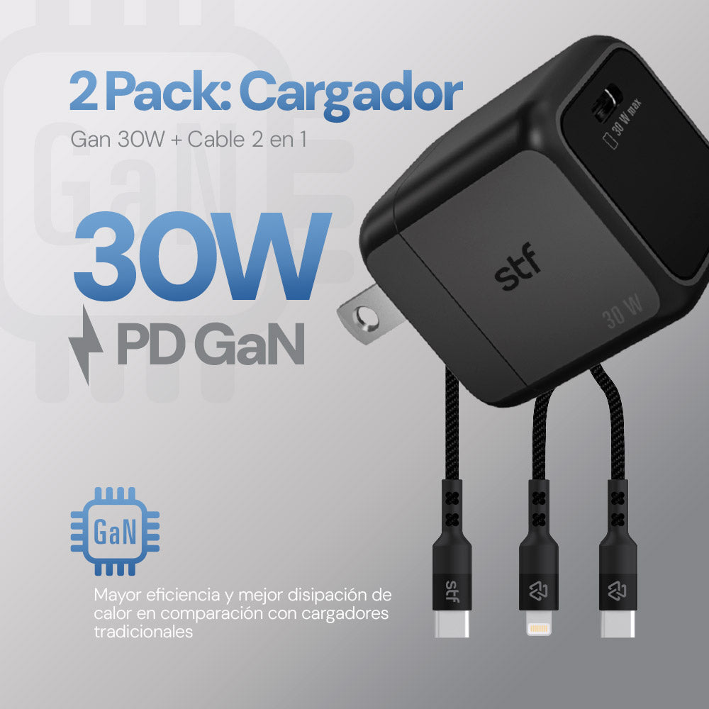 2 Pack Cargador STF GaN 30W + Cable Tipo C/Lightning Carga Rápida PD