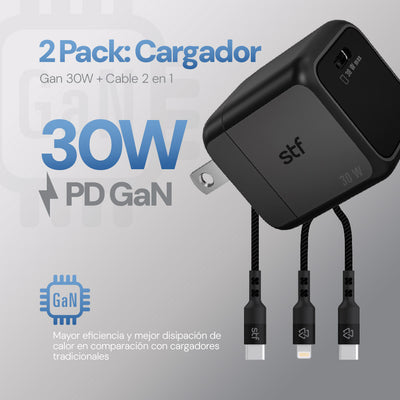 2 Pack Cargador STF GaN 30W + Cable Tipo C/Lightning Carga Rápida PD