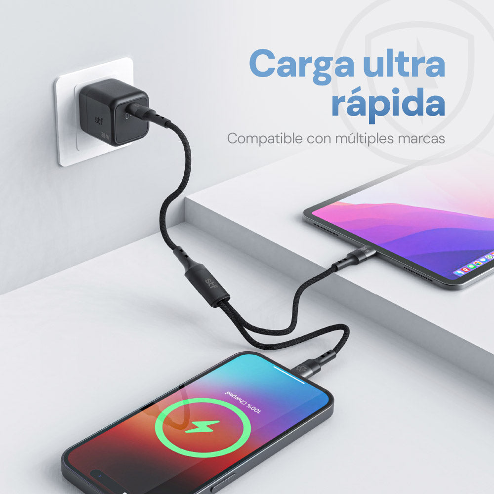 2 Pack Cargador STF GaN 30W + Cable Tipo C/Lightning Carga Rápida PD