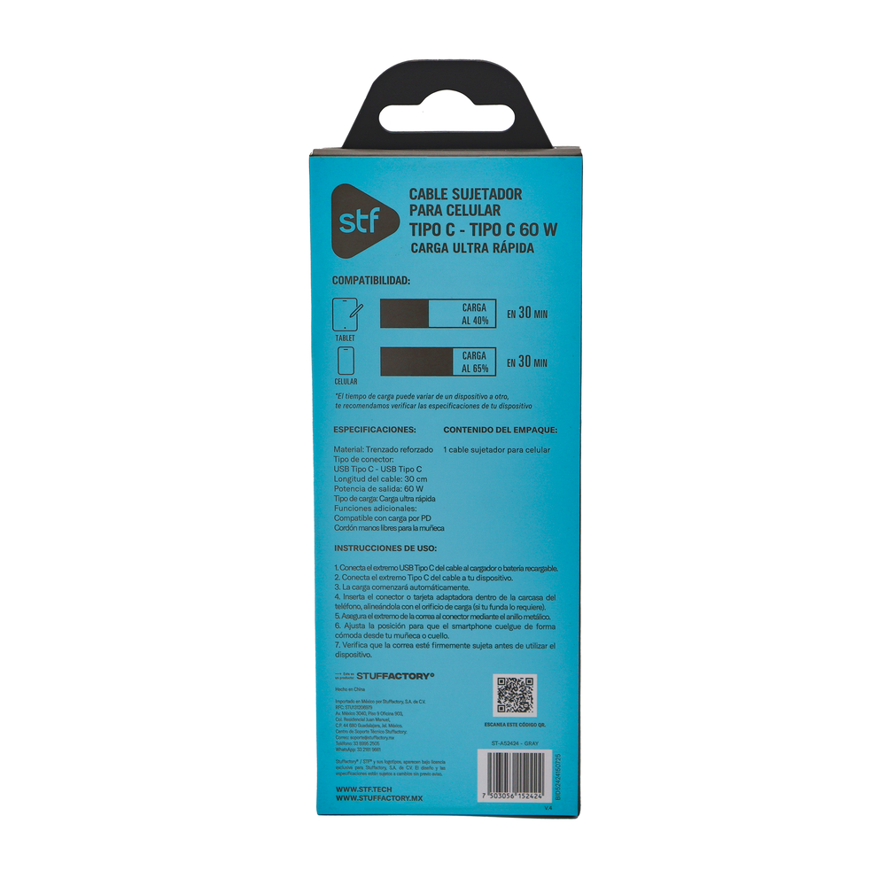 Cable Sujetador Tipo C STF 60W, Carga Rápida, Función Soporte, 30 cm
