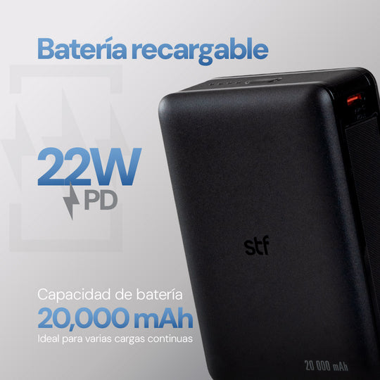 Batería Power Bank: 20,000 mAh, 22W, Carga Ultra Rápida