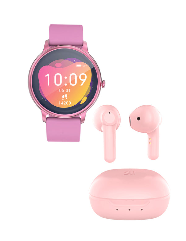 Kit STF Smartwatch Reloj Kronos Aura + Audífonos True Wireless Kun Rosa