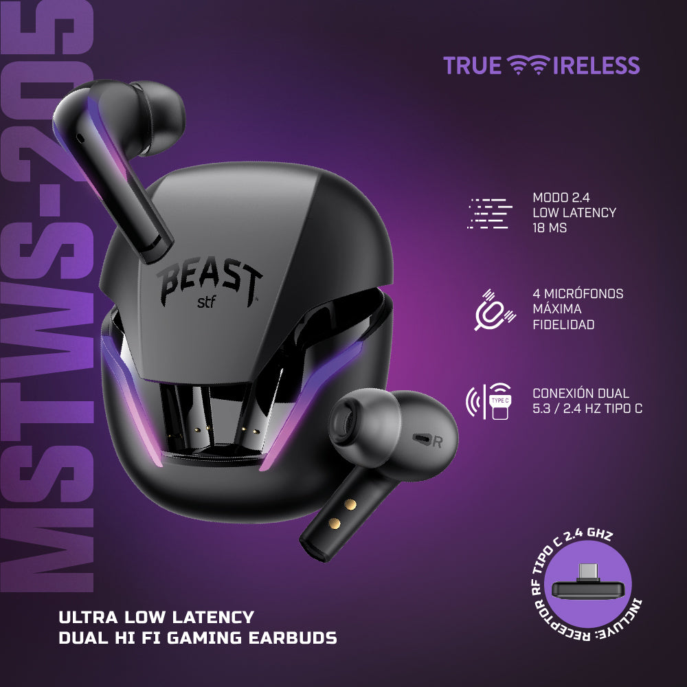 Audífonos Gamer Inalámbrico TWS Beast STF MSTWS-205 Hi-Fi Videojuegos, 6hrs uso, 4 micrófonos