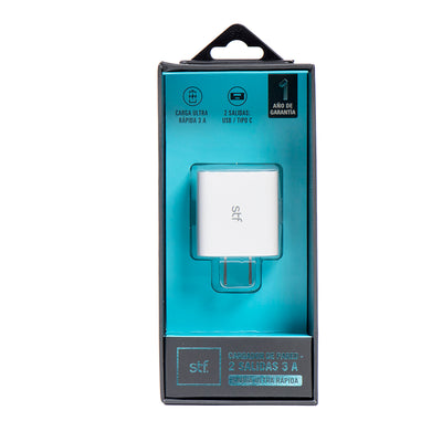 Cargador Pared STF 20W Doble Salida Carga Ultra Rápida 3A Tipo C + USB blanco