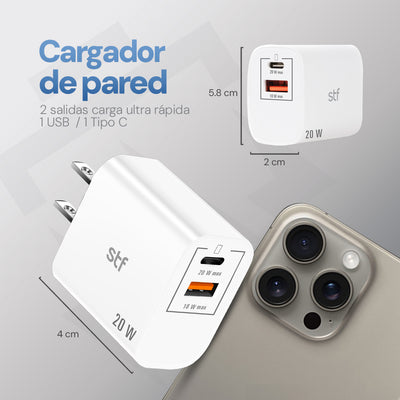 Cargador Pared STF 20W Doble Salida Carga Ultra Rápida 3A Tipo C + USB blanco