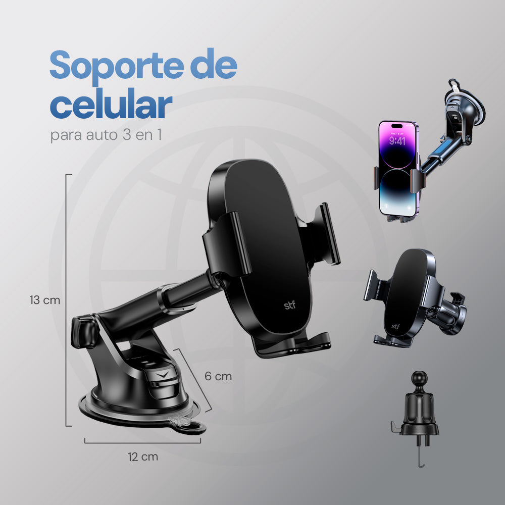 Soporte Celular Auto STF 3 en 1 Tablero, Parabrisas, Ventilación 360° Automático