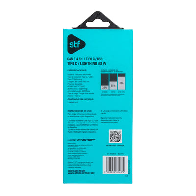 Cable 4 en 1 Tipo C/USB a Tipo C/Lightning STF 60W Carga Rápida 1.8m