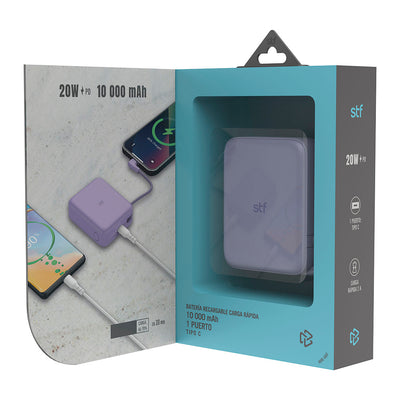 Batería Portátil Power Bank STF 10000 mAh 20W PD Cable tipo C integrado Lila