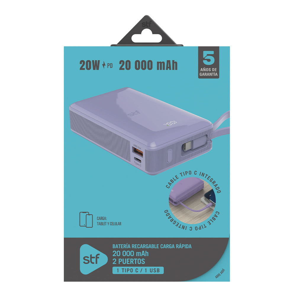 Batería Portátil Power Bank STF 20000 mAh 20W PD Cable tipo C Lila