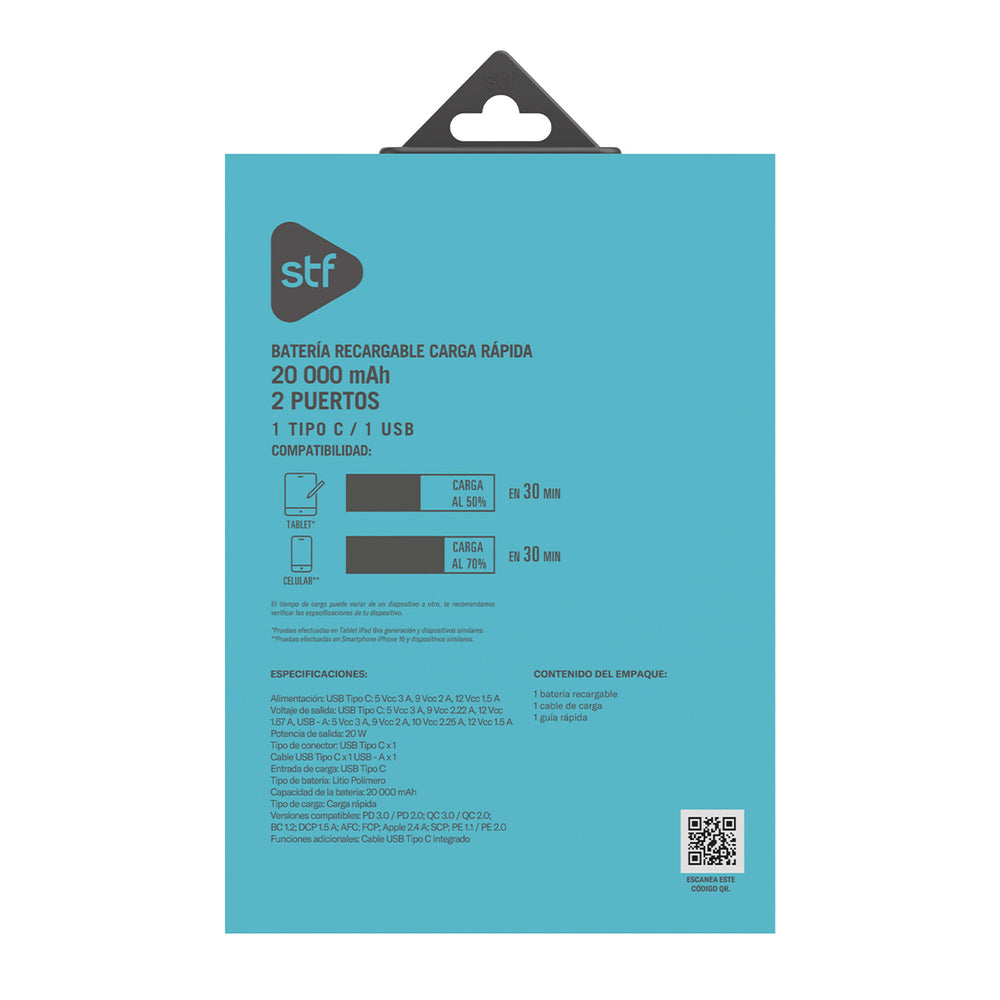 Batería Portátil Power Bank STF 20000 mAh 20W PD Cable tipo C Lila