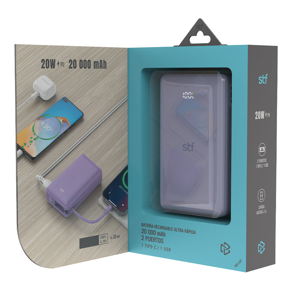 Batería Portátil Power Bank STF 20000 mAh 20W PD Cable tipo C Lila