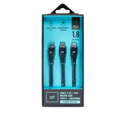 Cable 3 en 1 STF USB a Micro USB/Tipo C/Lightning Carga Rápida 2A 1.8m