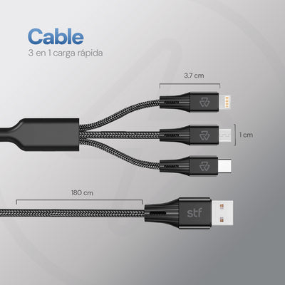 Cable 3 en 1 STF USB a Micro USB/Tipo C/Lightning Carga Rápida 2A 1.8m