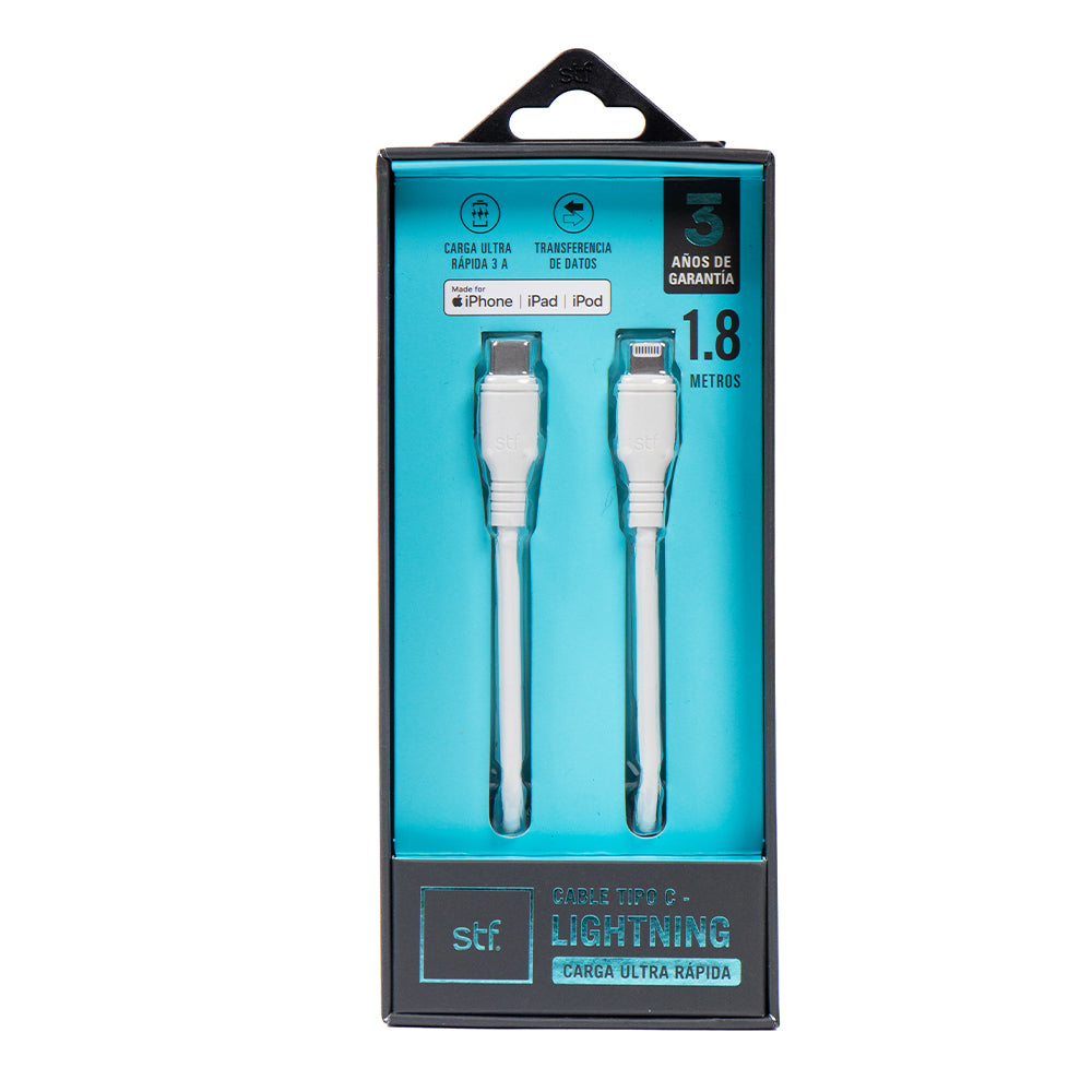 Cable Tipo C a Lightning STF 1.8m Carga Ultra Rápida 3A MFi Certificado