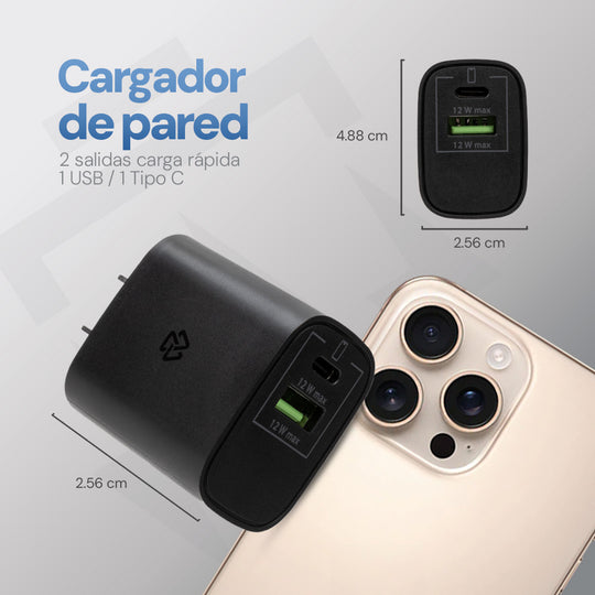 Cargador Pared 12W Doble Salida Carga Rápida 2.4A Tipo C + USB
