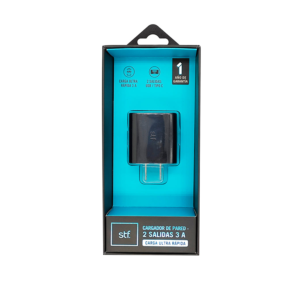 Cargador Pared STF 20W Doble Salida Carga Ultra Rápida 3A Tipo C + USB negro