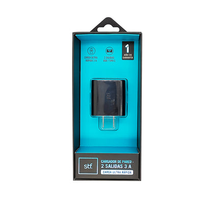 Cargador Pared STF 20W Doble Salida Carga Ultra Rápida 3A Tipo C + USB negro