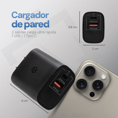 Cargador Pared STF 20W Doble Salida Carga Ultra Rápida 3A Tipo C + USB negro