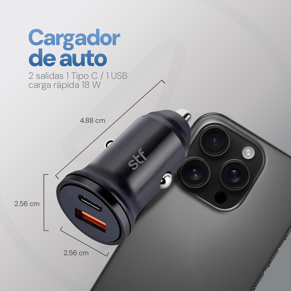Cargador Auto 2 Salidas STF Carga Rápida 18W Tipo C PD + USB 2.4A