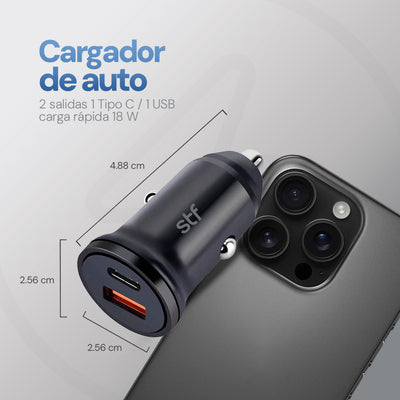 Cargador Auto 2 Salidas STF Carga Rápida 18W Tipo C PD + USB 2.4A