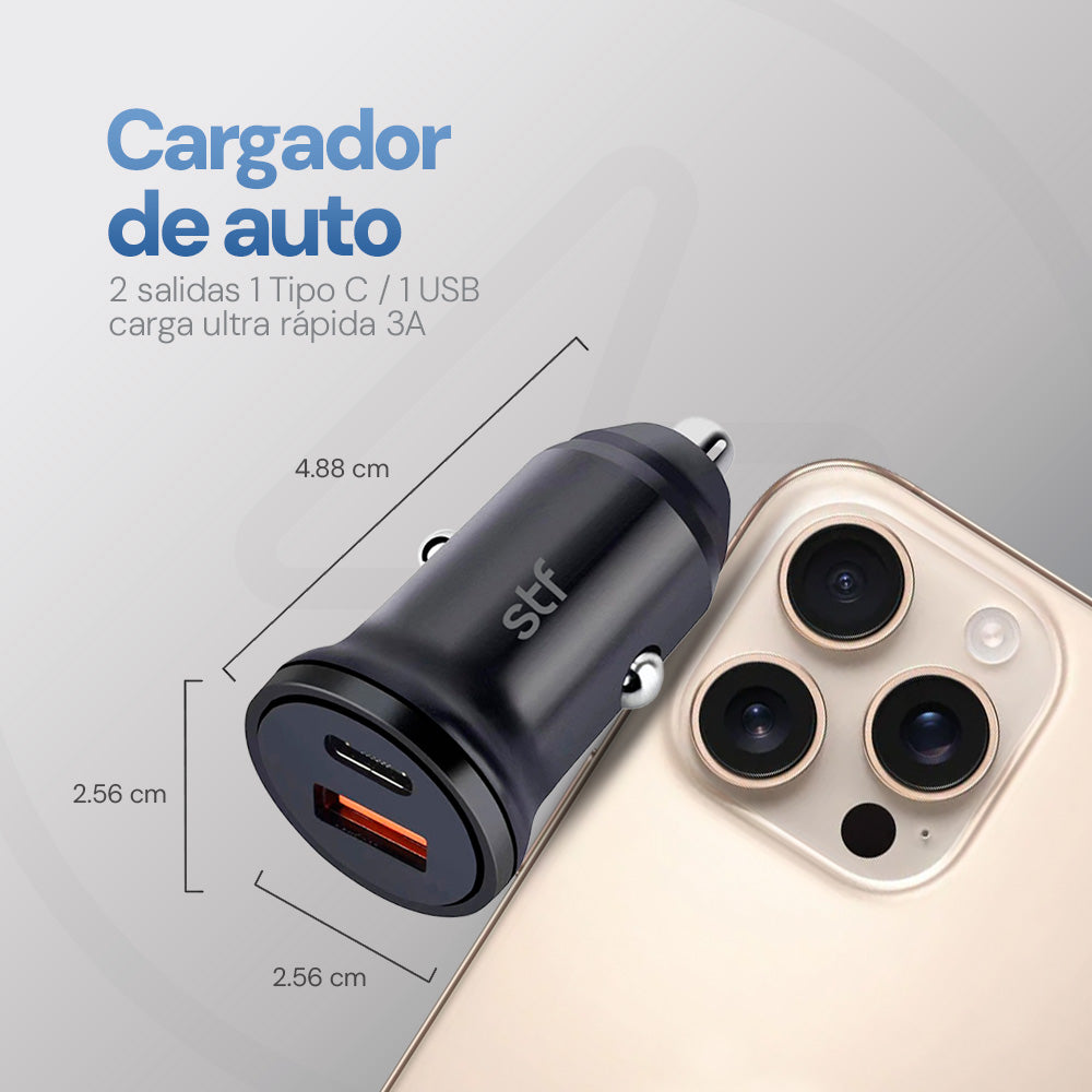 Cargador Auto Dual STF Carga Ultra Rápida 20W Tipo C PD + USB QC 3.0