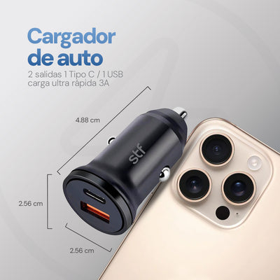 Cargador Auto Dual STF Carga Ultra Rápida 20W Tipo C PD + USB QC 3.0