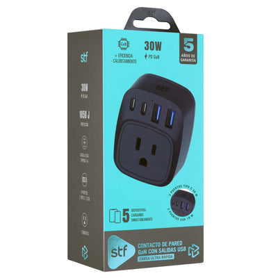 Contacto pared STF GaN 30W USB y USB-C - Carga ultra rápida 5 dispositivos