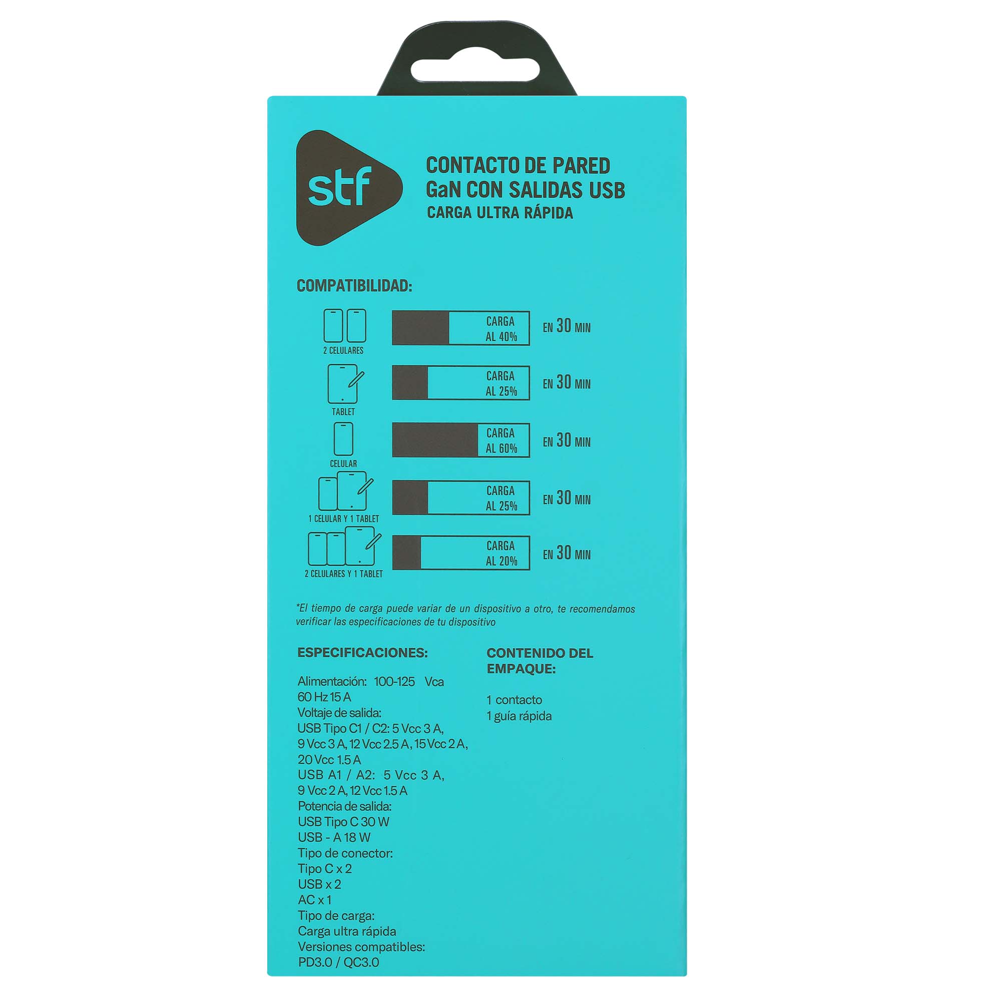 Contacto pared STF GaN 30W USB y USB-C - Carga ultra rápida 5 dispositivos