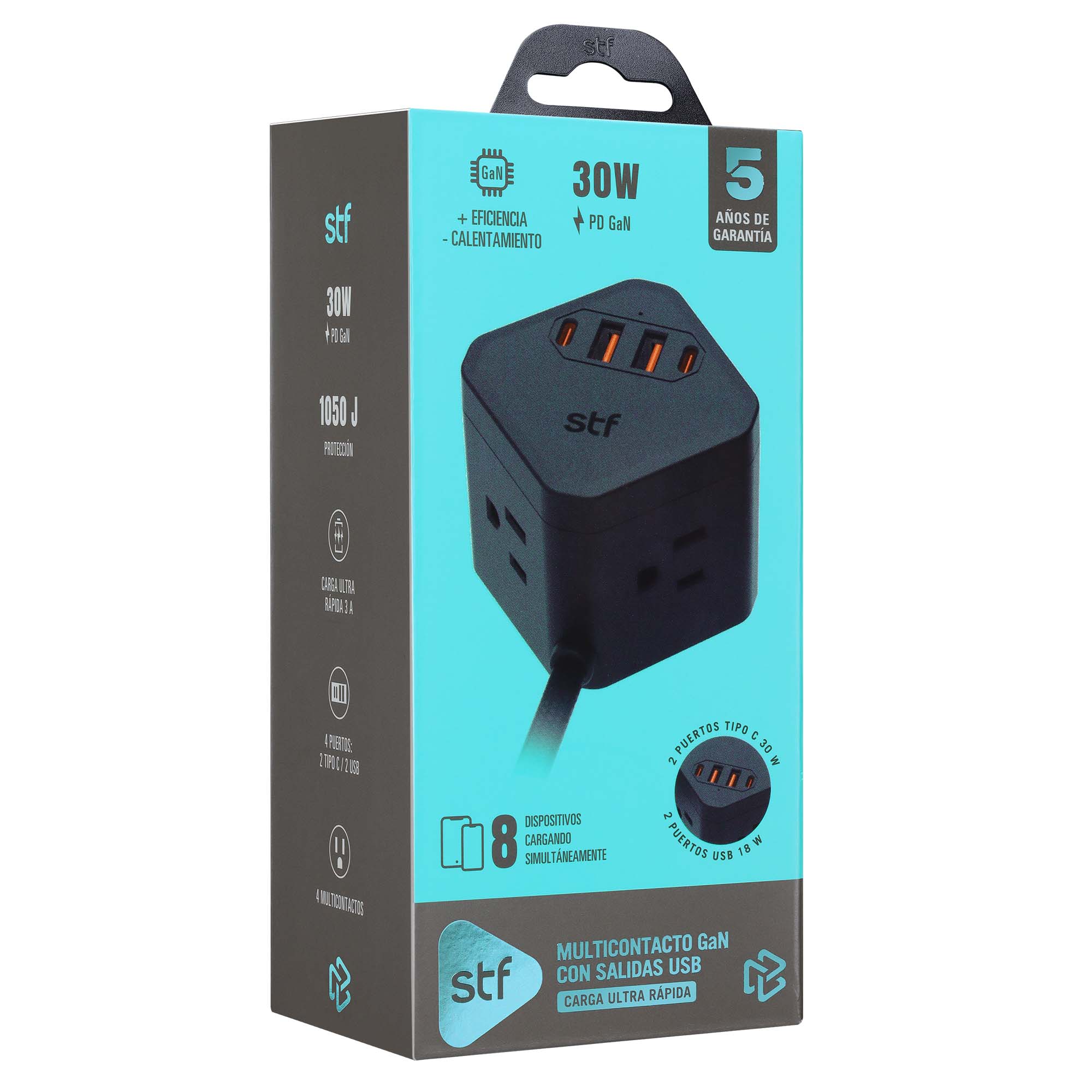 Multicontacto con extensión eléctrica STF GaN 30W USB y USB-C | Carga ultra rápida