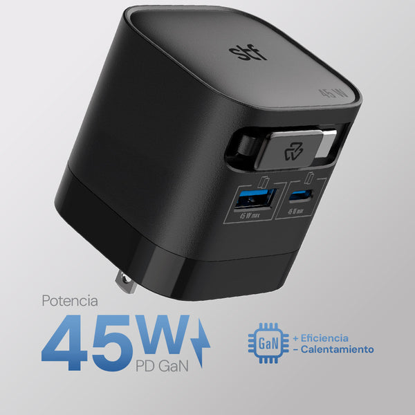 Cargador rápido Retráctil: 45W, Tecnología GaN, Cable Tipo C