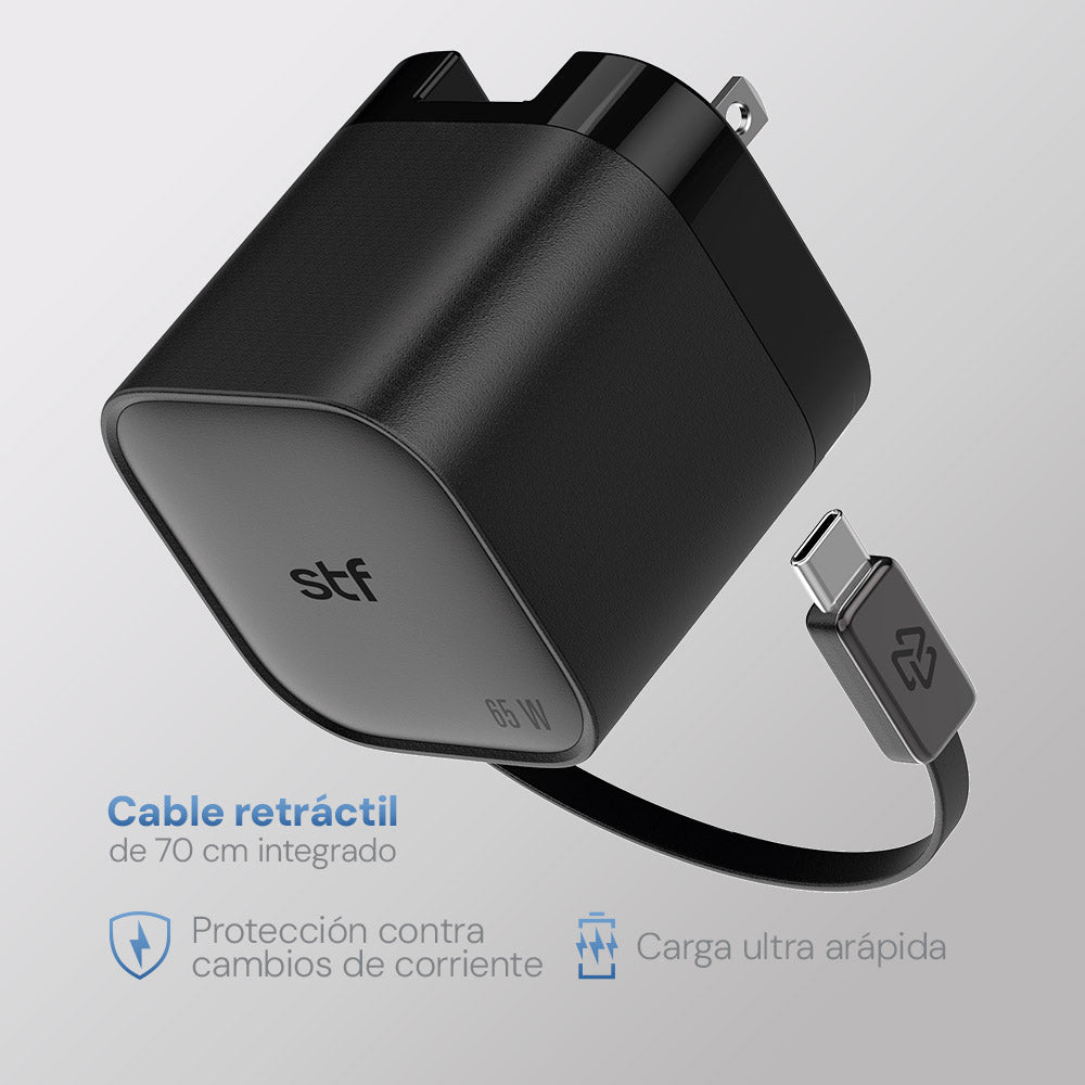 Cargador Ultra Rápido Retráctil STF 65W, Tecnología GaN, Tipo C