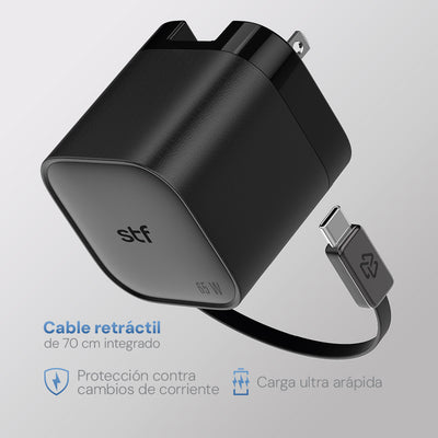 Cargador Ultra Rápido Retráctil STF 65W, Tecnología GaN, Tipo C