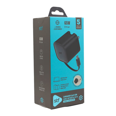 Cargador Ultra Rápido Retráctil STF 65W, Tecnología GaN, Tipo C