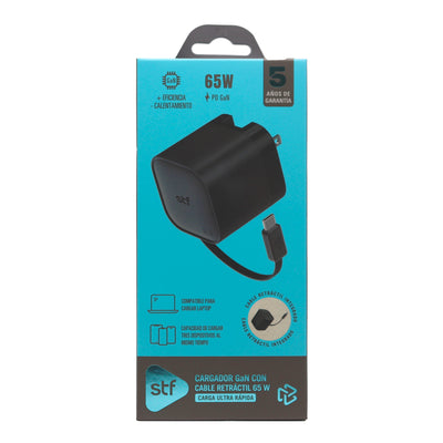 Cargador Ultra Rápido Retráctil STF 65W, Tecnología GaN, Tipo C
