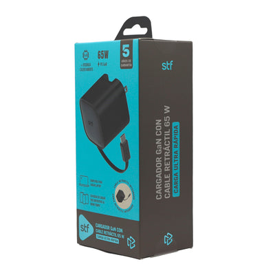 Cargador Ultra Rápido Retráctil STF 65W, Tecnología GaN, Tipo C