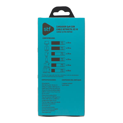 Cargador Ultra Rápido Retráctil STF 65W, Tecnología GaN, Tipo C
