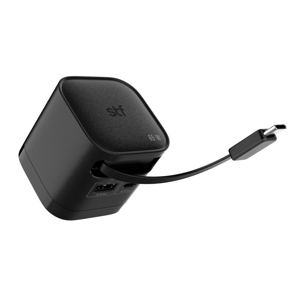 Cargador Ultra Rápido Retráctil STF 65W, Tecnología GaN, Tipo C