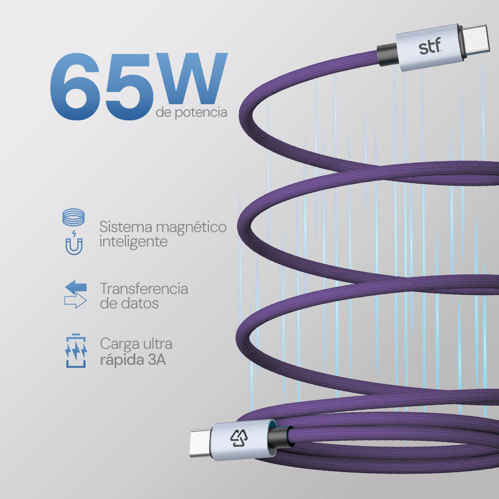 Cable Magnético Tipo C a Tipo C STF Carga Rápida, 65W, Transferencia de datos, Morado