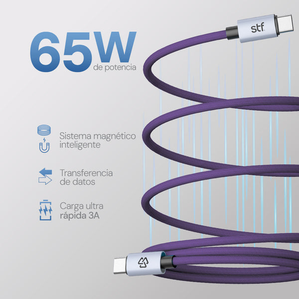 Cable Magnético Tipo C a Tipo C: Carga Rápida, 65W,  Transferencia de datos, Morado