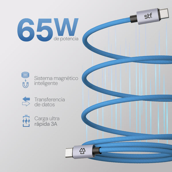 Cable Magnético Tipo C a Tipo C: Carga Rápida, 65W,  Transferencia de datos, Azul