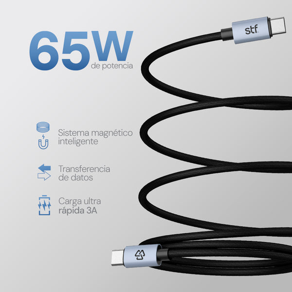 Cable Magnético STF Tipo C a Tipo C: Carga Rápida, 65W,  Transferencia de datos, Negro