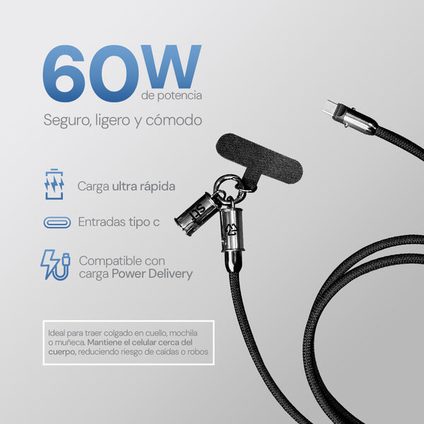 Cable Sujetador Tipo C: 60W, Carga Rápida, Uso al Cuello, 120 cm